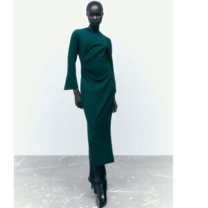 Zara Green Long Sleeve Dress Side Ruched Midi Dresz, NWT, M